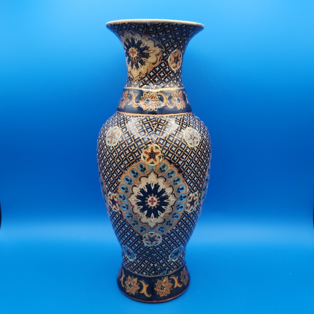 Vintage Chinese Porcelain Vase Cobalt Blue Gold Moriage Floral Satsuma Style 12"